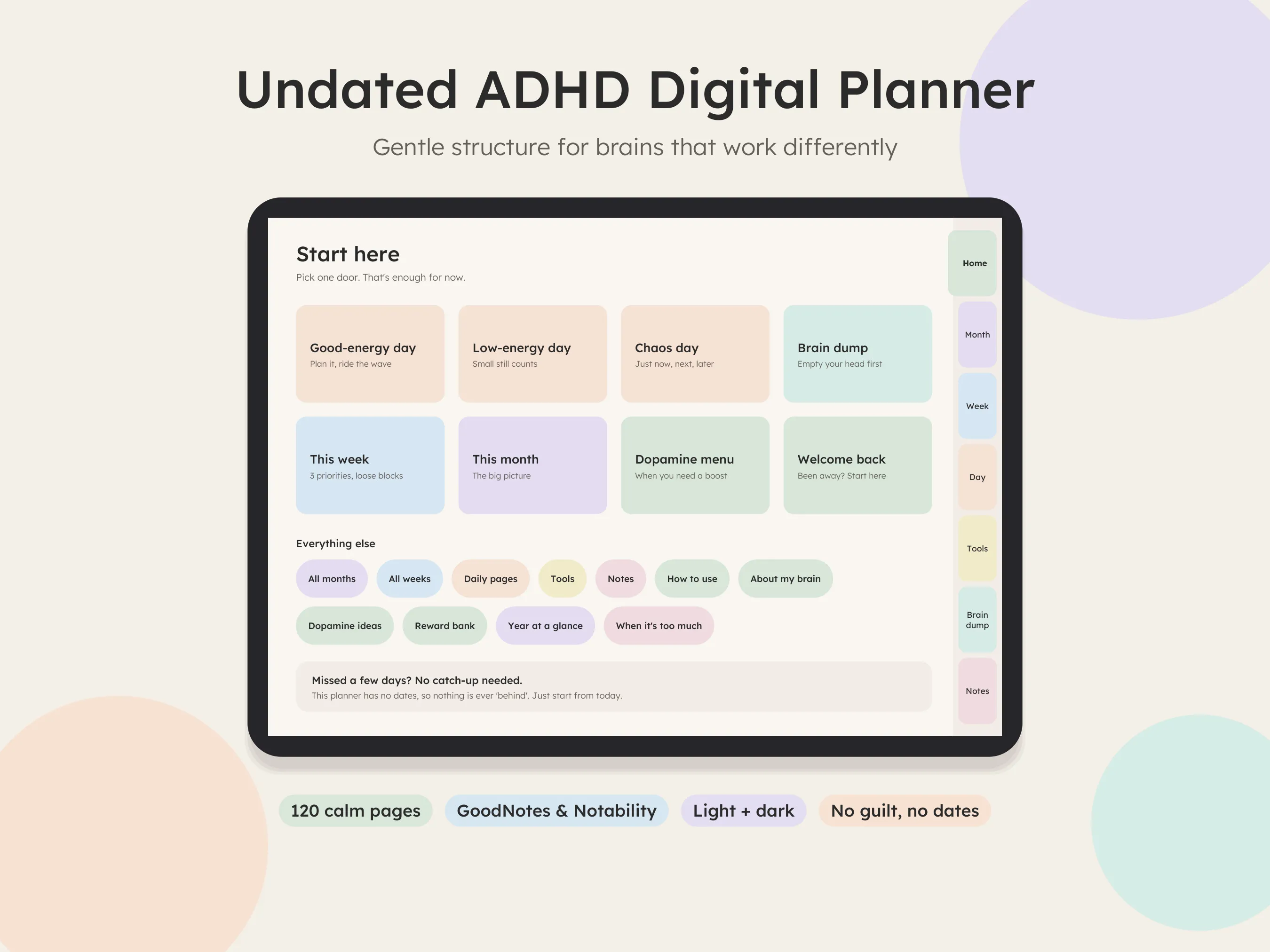 Undated ADHD digital planner shown on a tablet