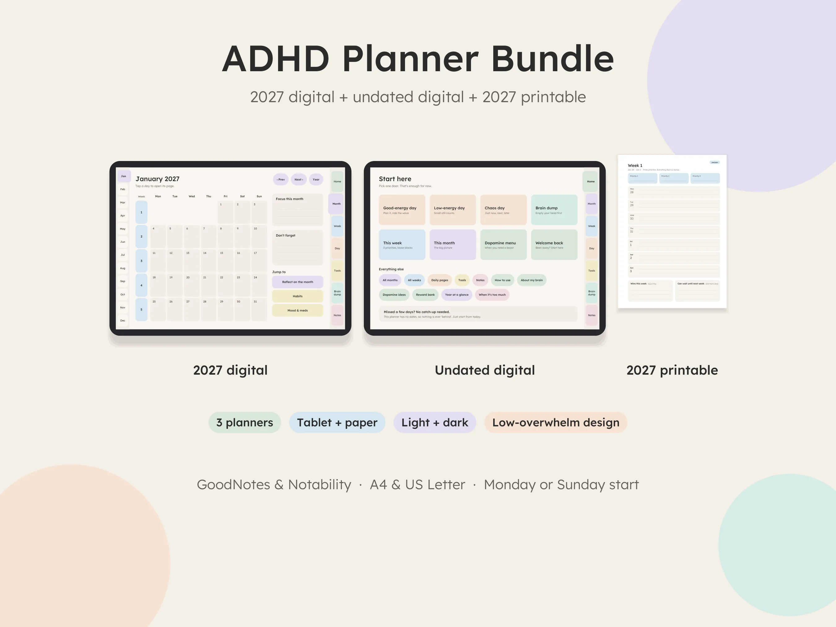 ADHD planner bundle: 2027 digital planner, undated digital planner and 2027 printable planner