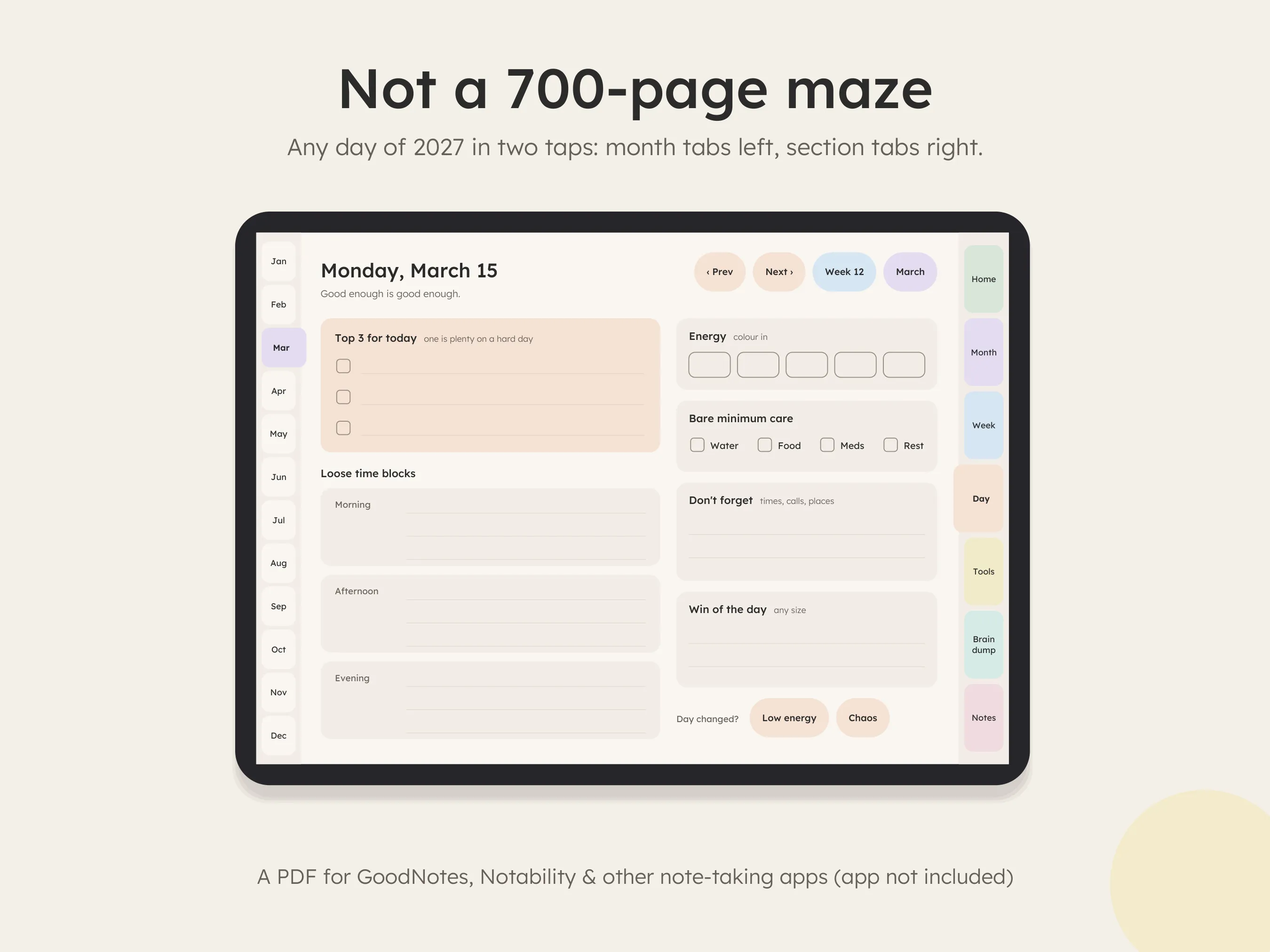 Dated daily page with month tabs and section tabs, any day two taps away