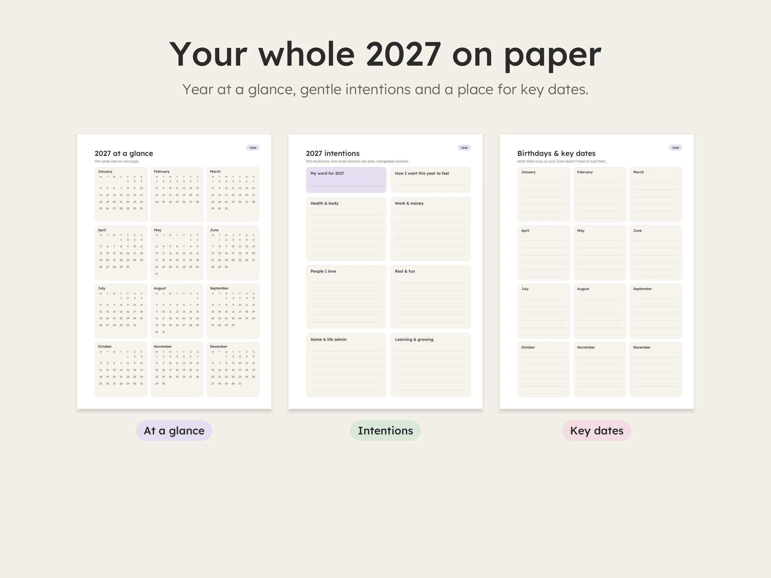 2027 year at a glance, intentions and key dates printable pages