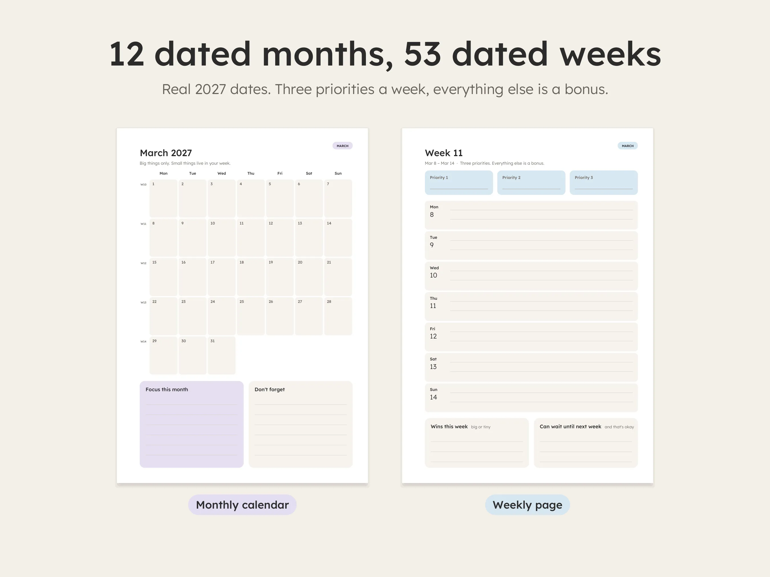 Dated monthly calendar and weekly planner printable pages