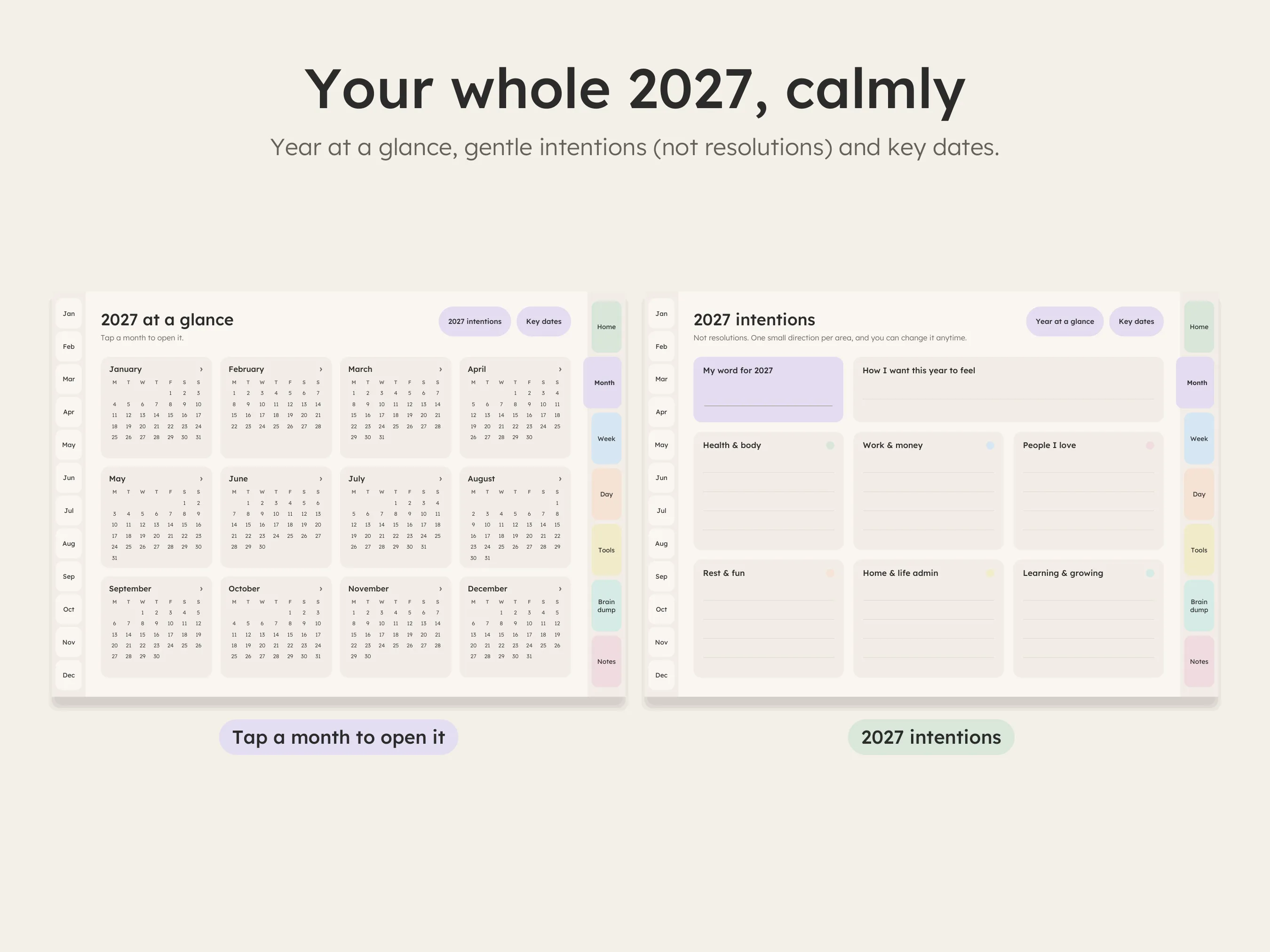2027 year at a glance and 2027 intentions pages