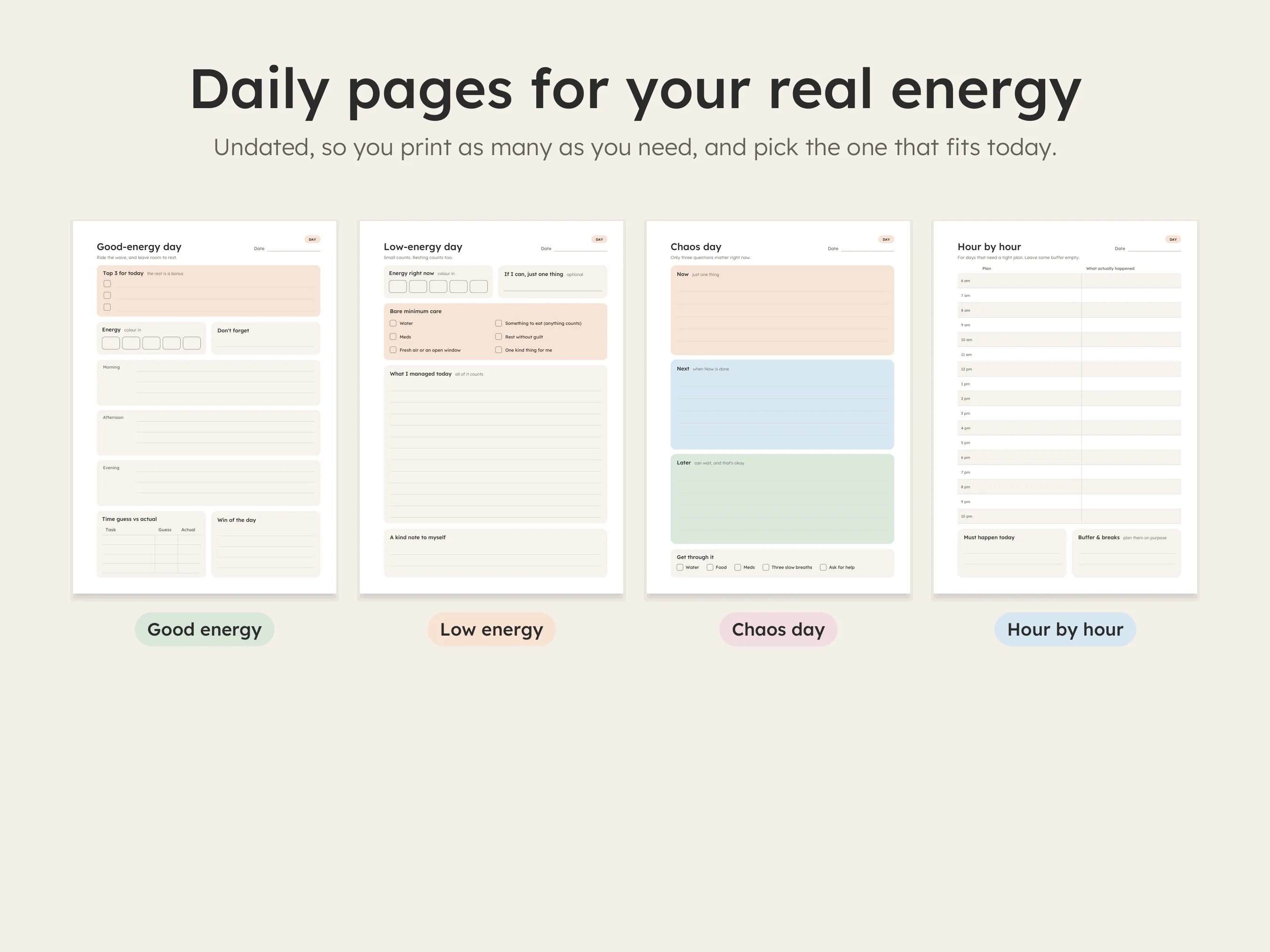 Good-energy, low-energy, chaos and hour-by-hour daily planner pages