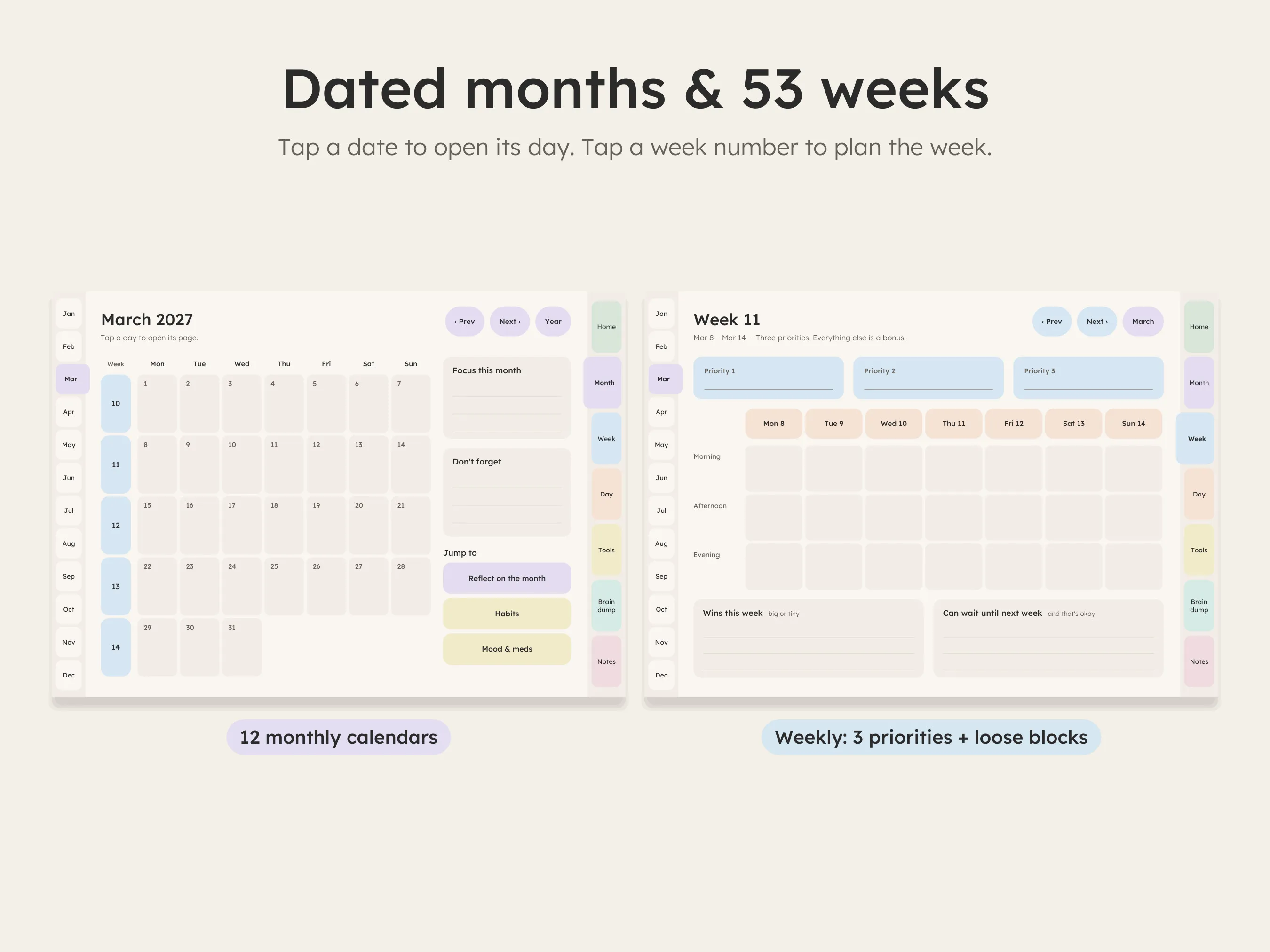 Dated monthly calendar and weekly planner pages