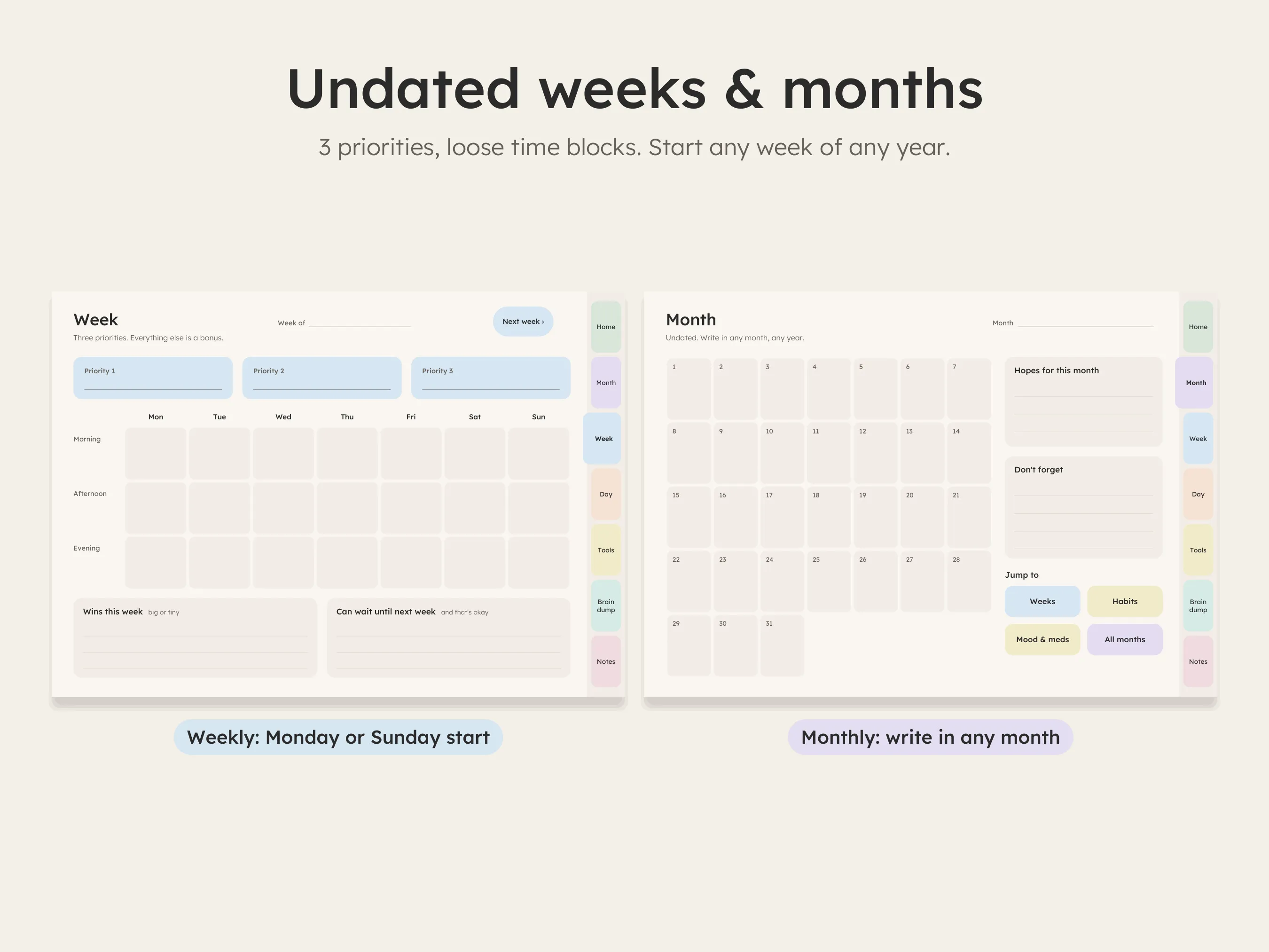 Undated weekly and monthly planner pages