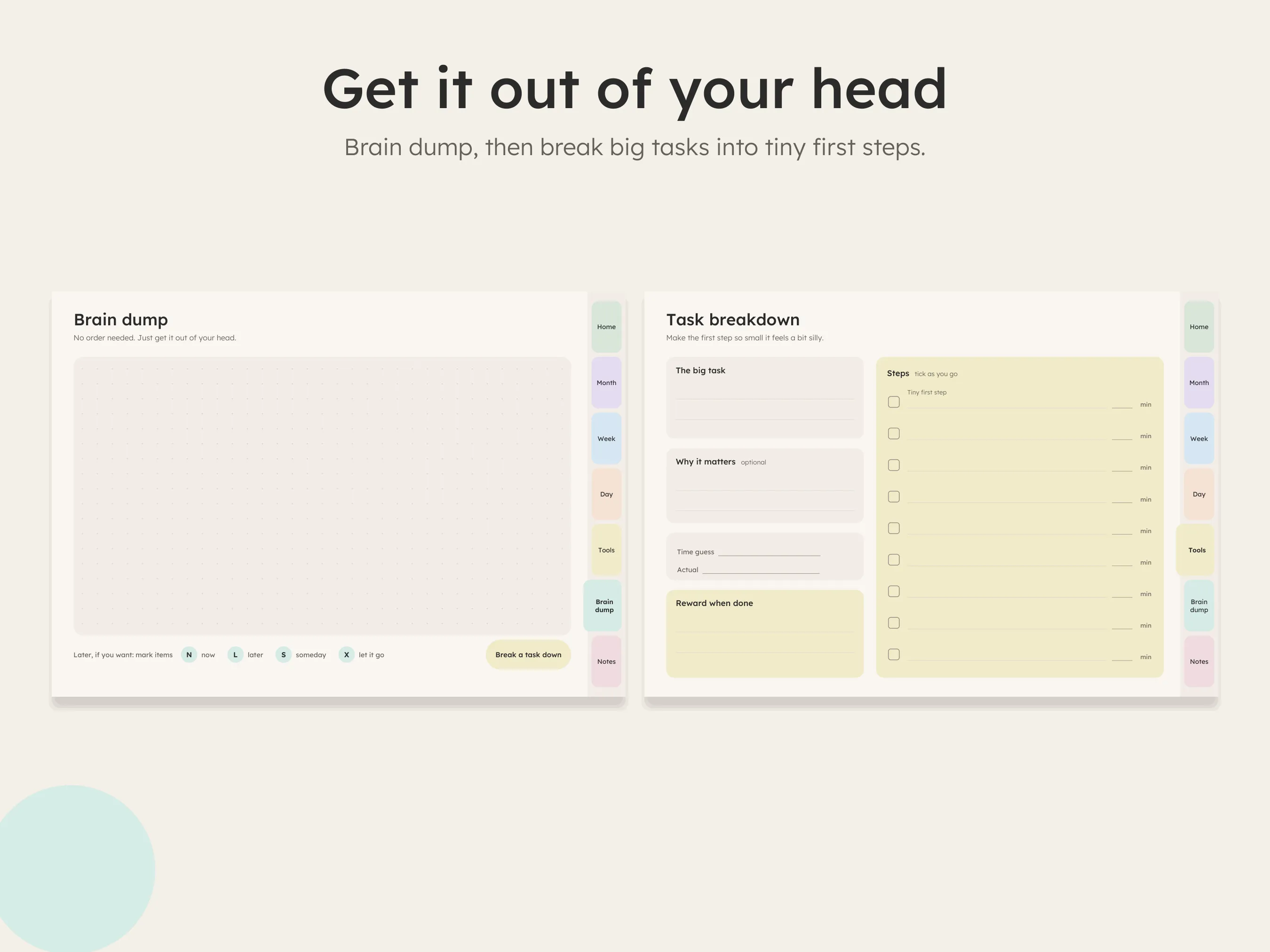 Brain dump and task breakdown pages