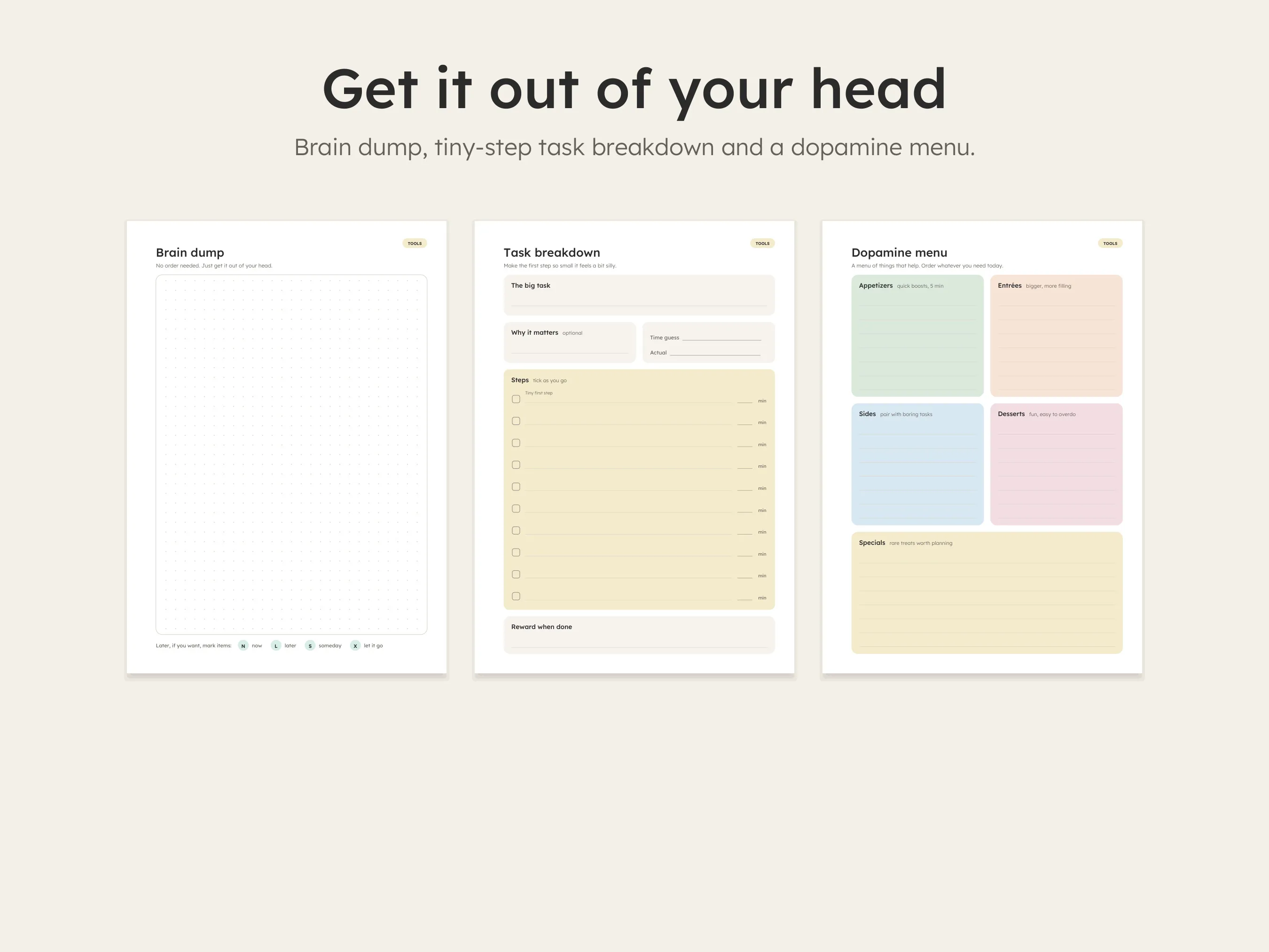 Brain dump, task breakdown and dopamine menu printable pages