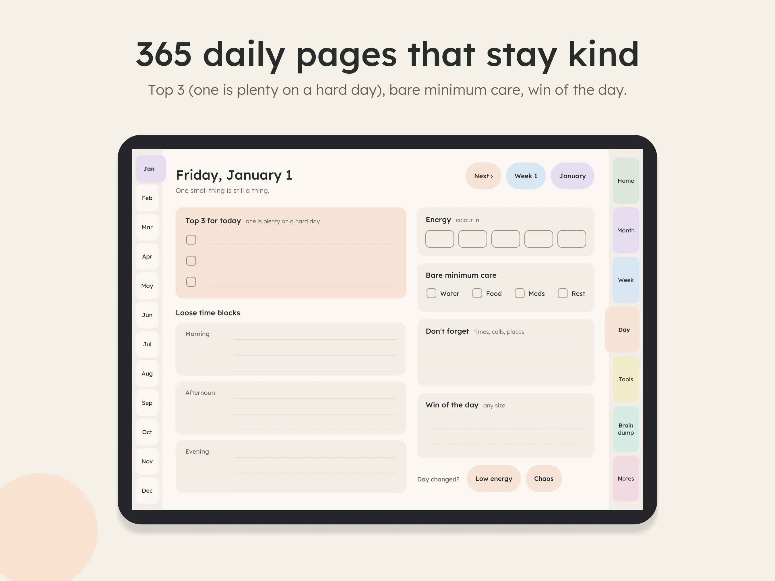 Dated daily planner page with top 3, energy and bare minimum care