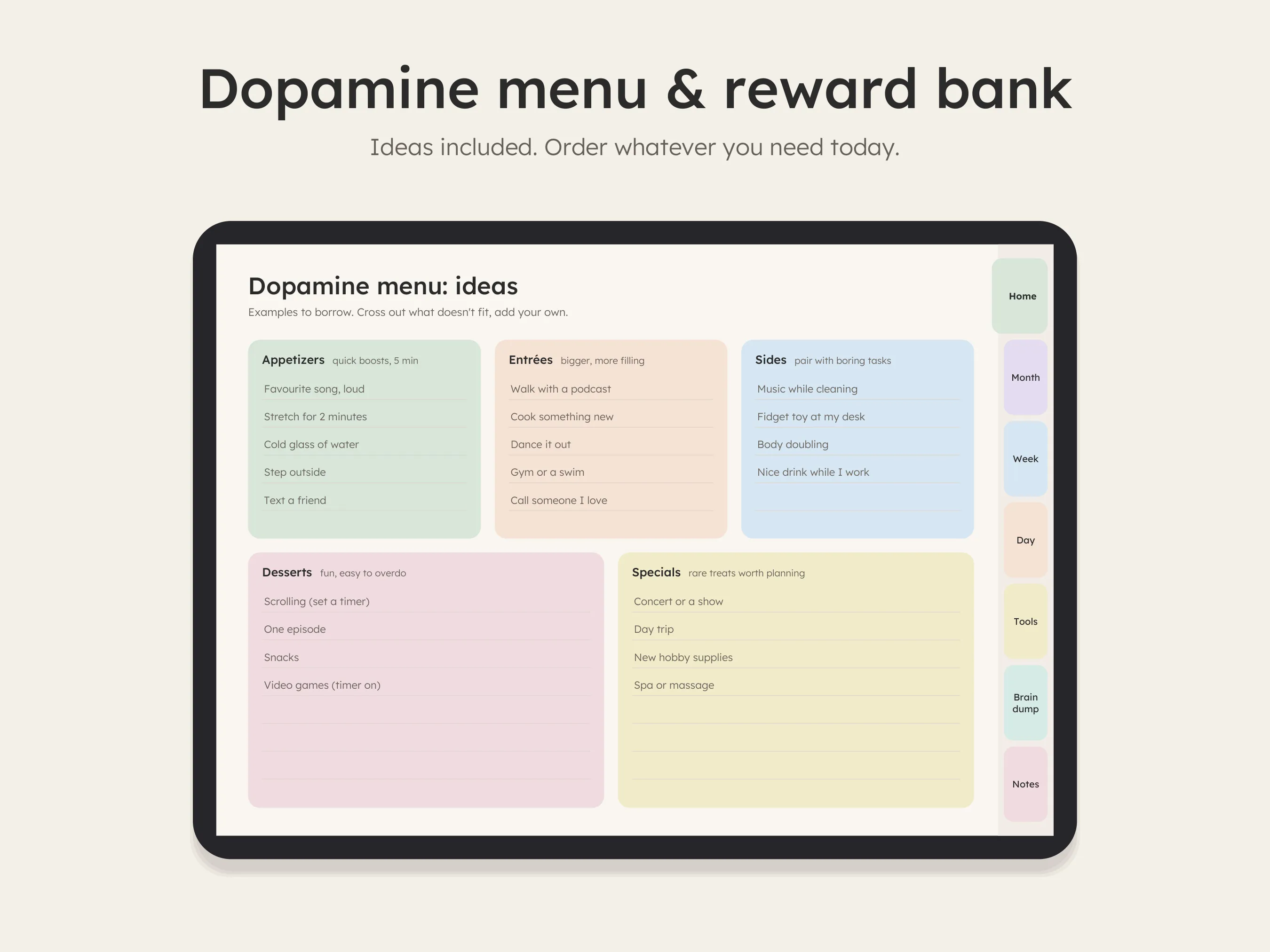 Dopamine menu page with ideas
