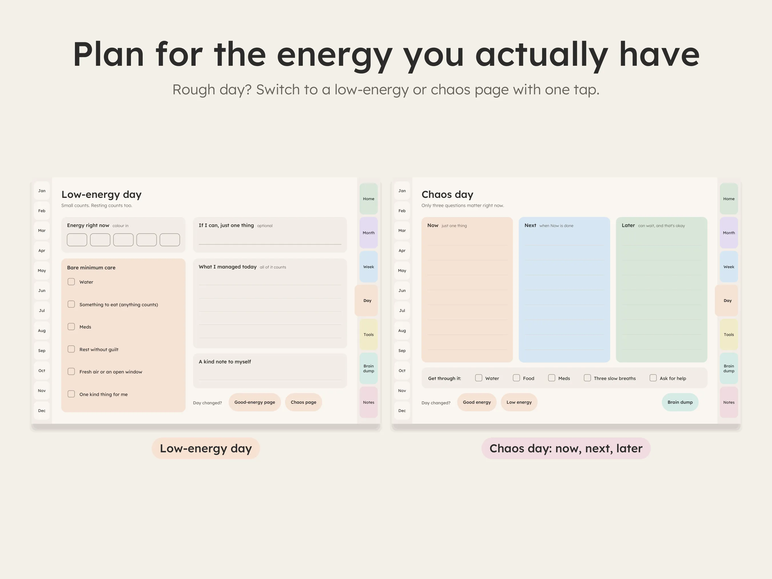 Low-energy day and chaos day planner pages