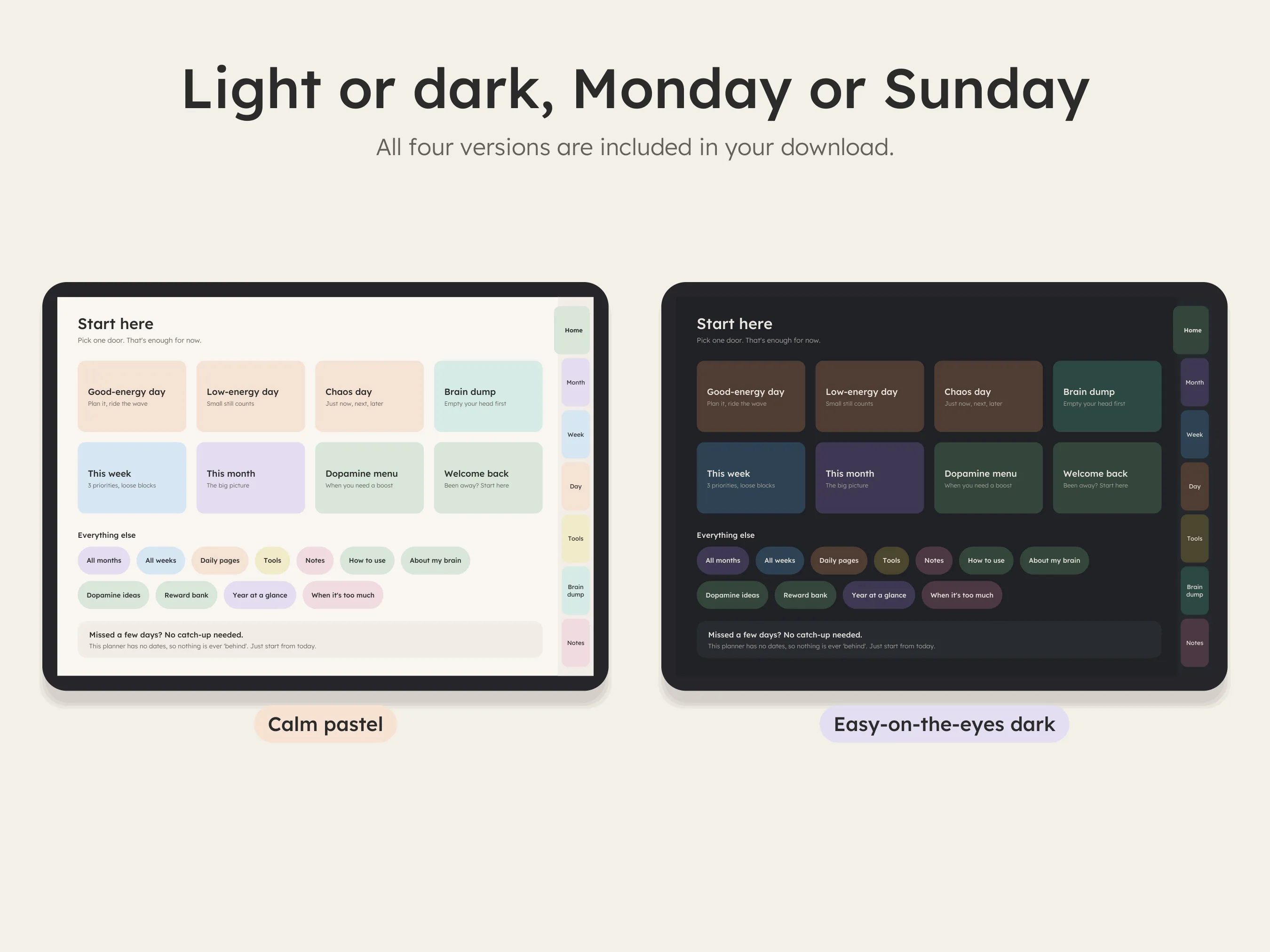Light and dark theme versions of the digital planner
