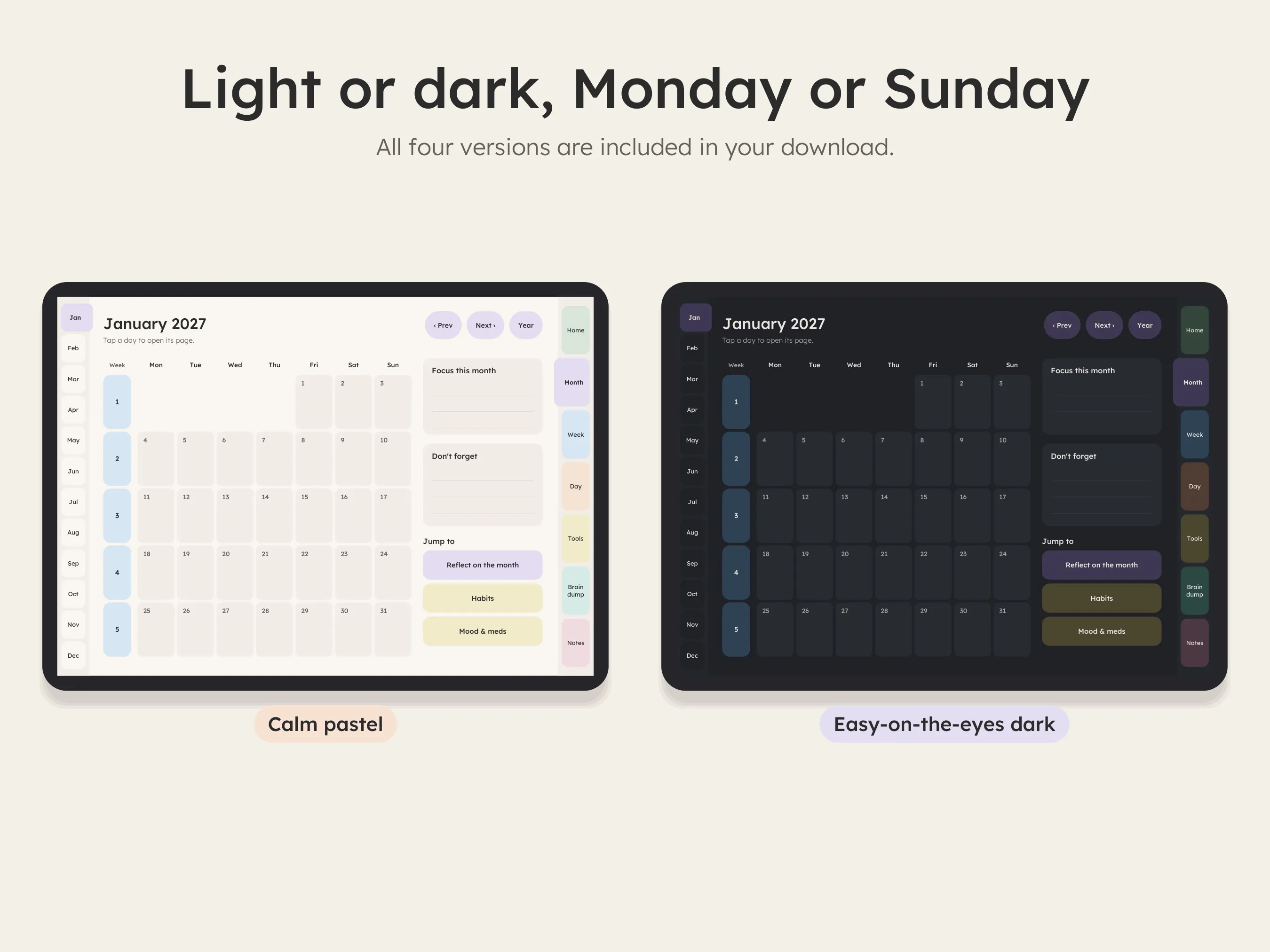 Light and dark theme versions of the 2027 planner