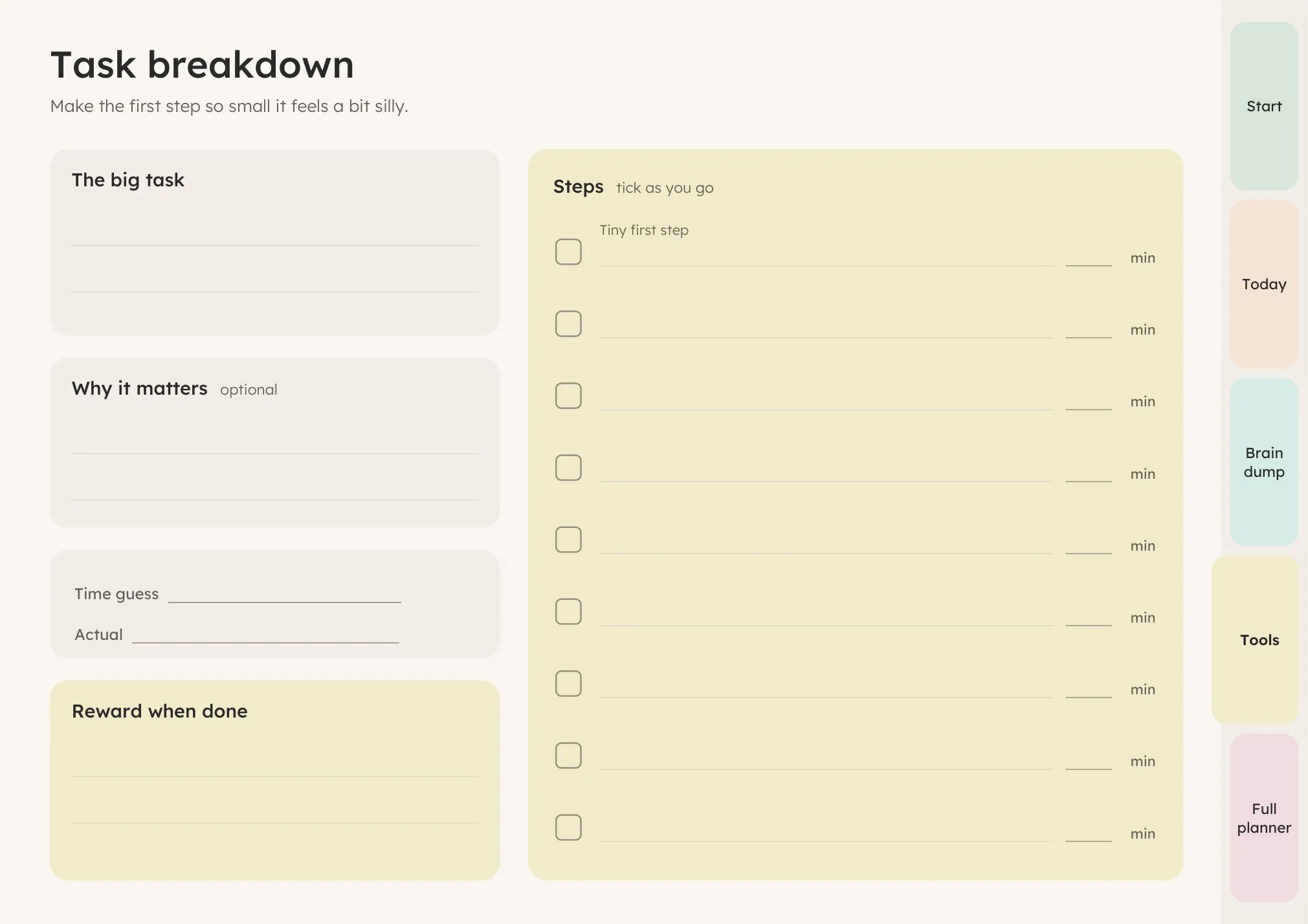 Task breakdown page from the free ADHD planner