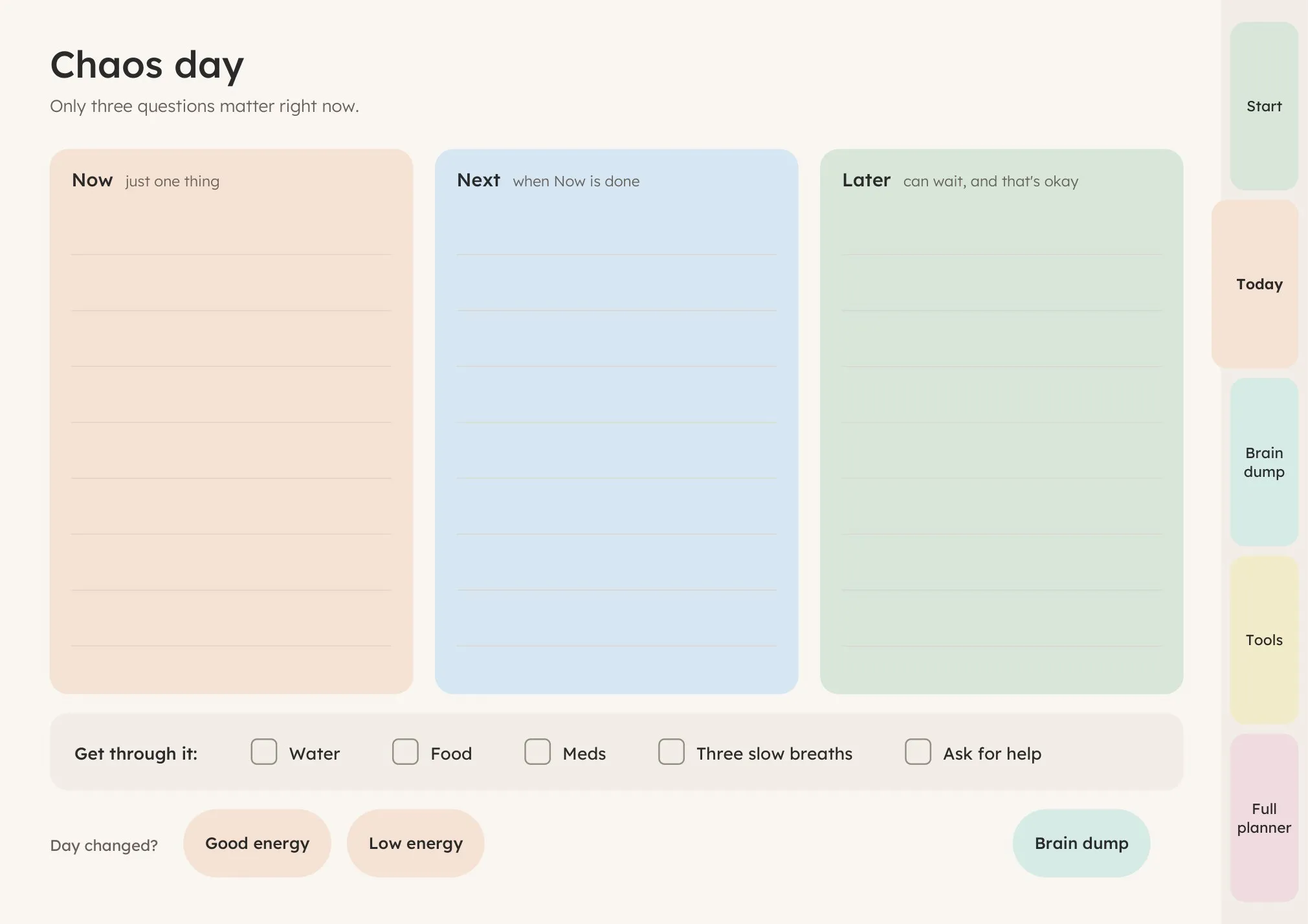 Chaos day page from the free ADHD planner