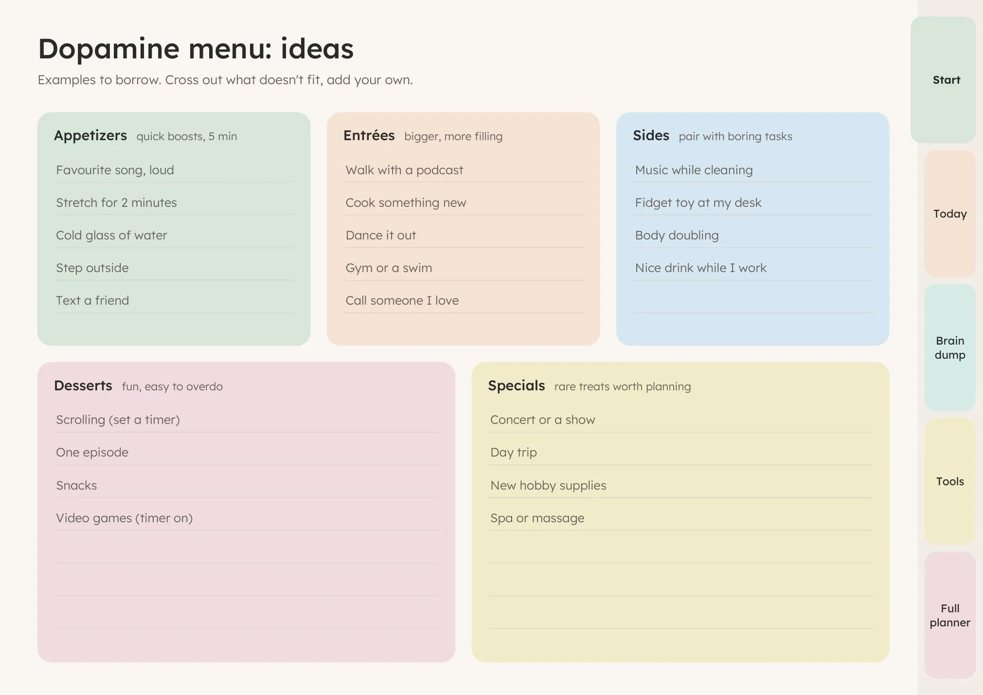 Dopamine menu page from the free ADHD planner