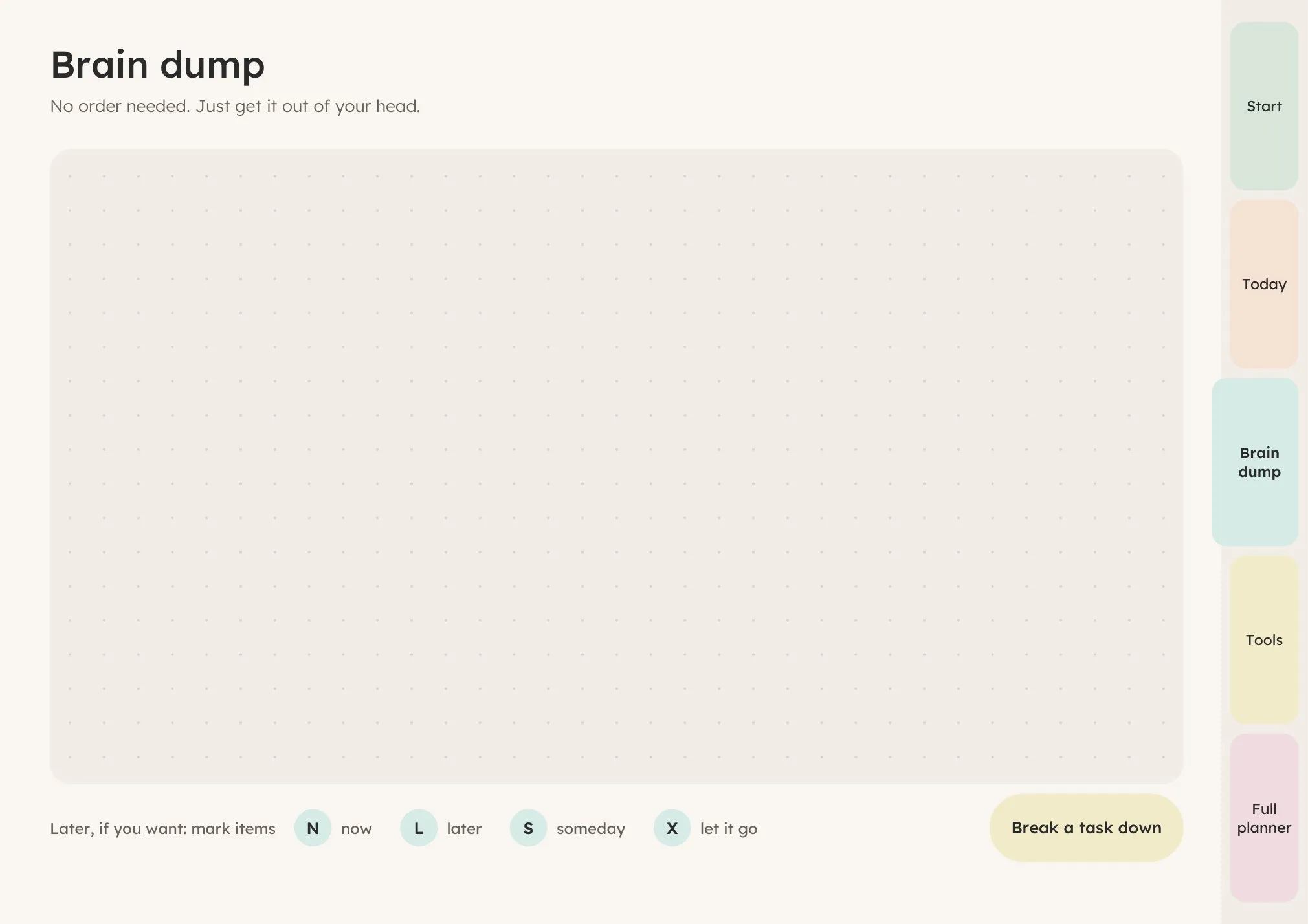 Brain dump page from the free ADHD planner