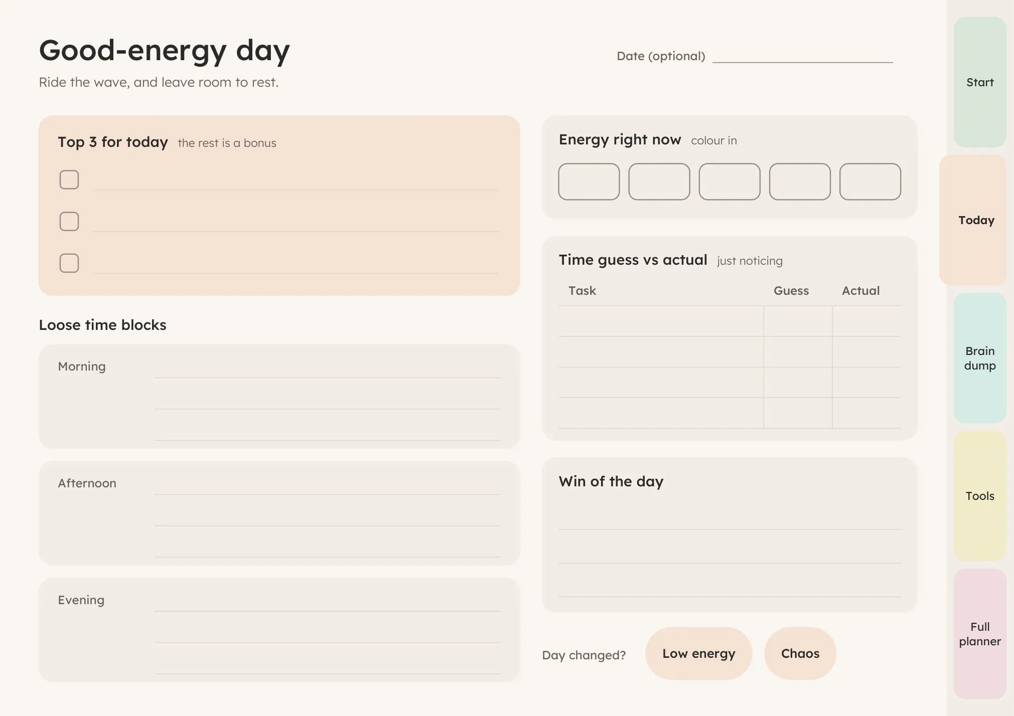 Good-energy day page from the free ADHD planner