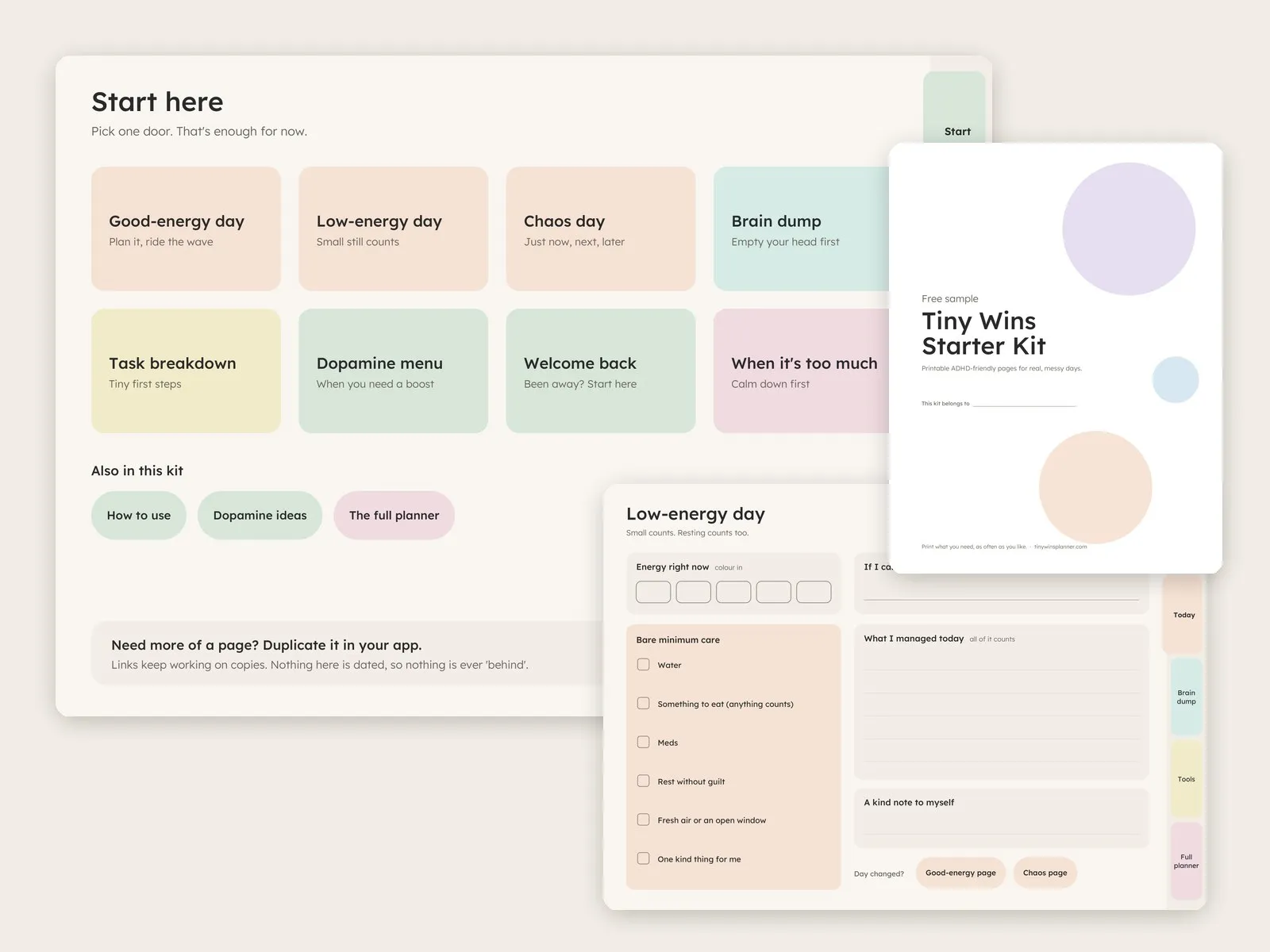 Tiny Wins Starter Kit pages: start page, low-energy day page and printable cover
