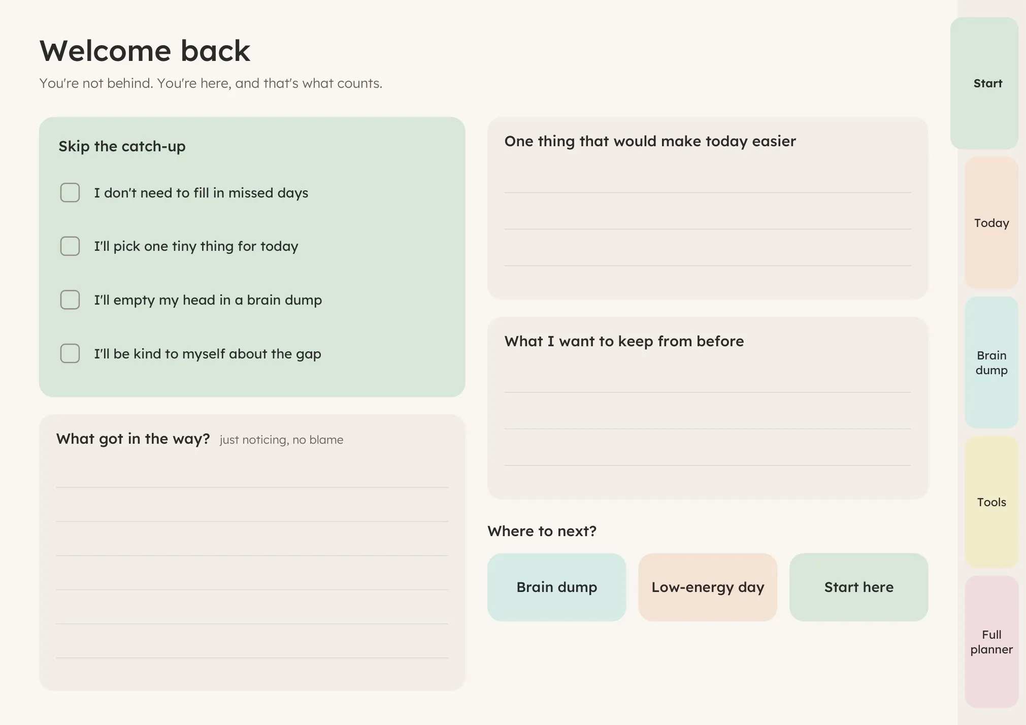 Welcome back page from the free ADHD planner